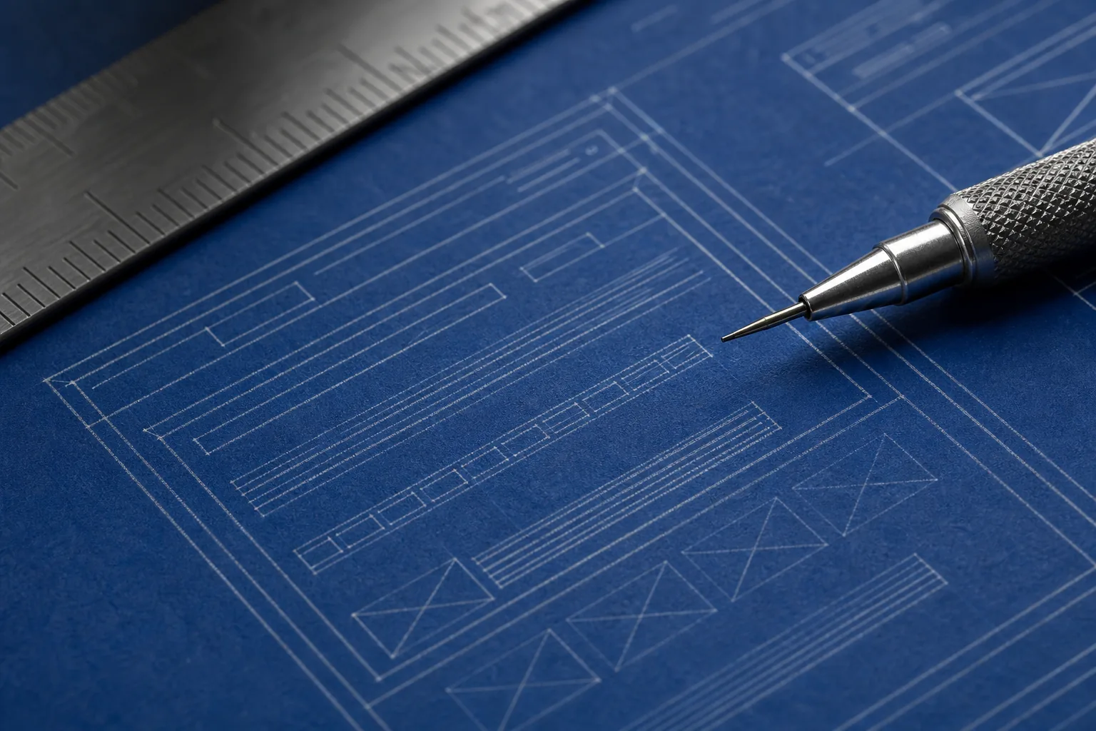 Macro photograph of a website wireframe drawn in white ink on blue blueprint paper, with a steel ruler and mechanical pencil