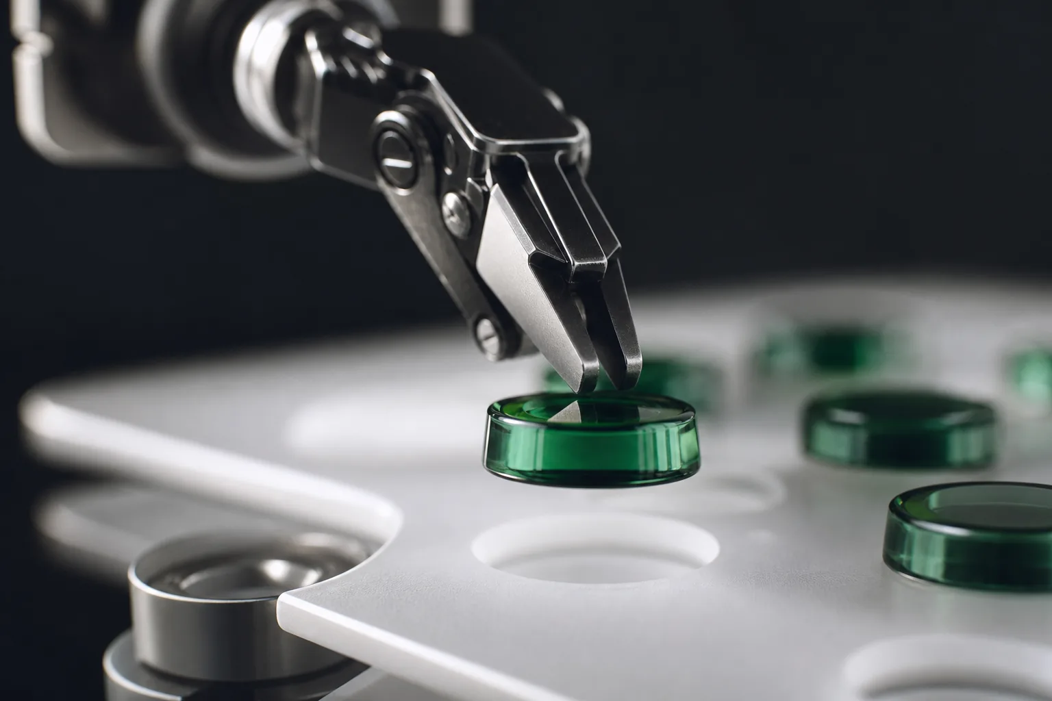 A robotic gripper placing a polished emerald glass button into a white acrylic panel