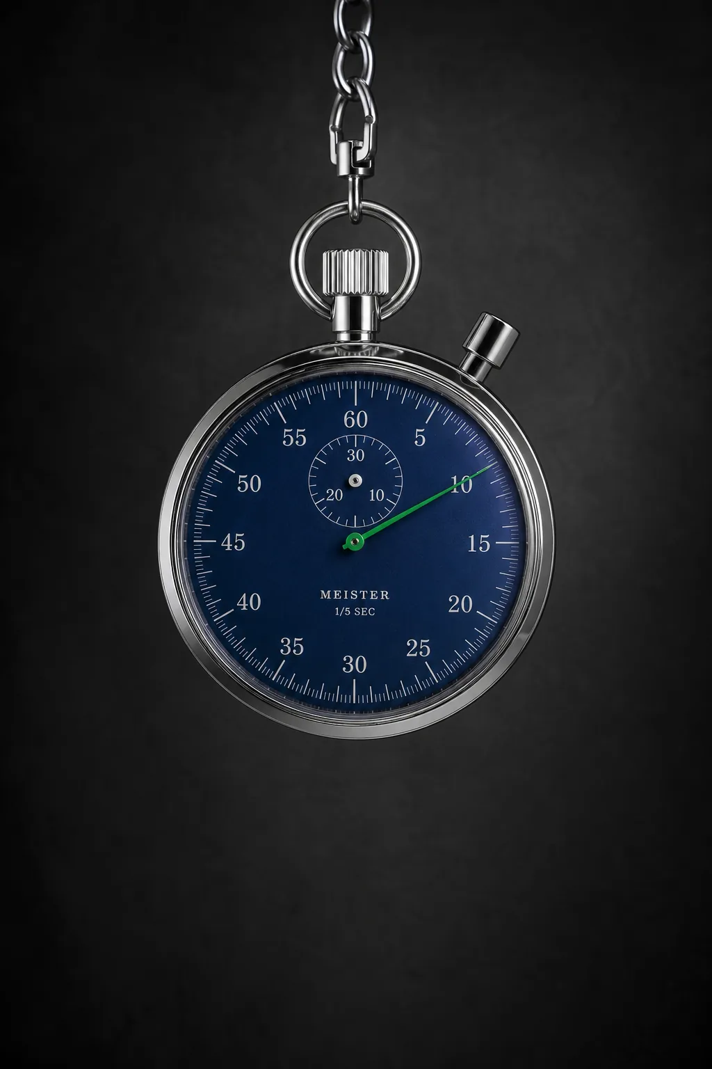 A chronograph stopwatch with a deep blue dial and a green sweep hand, hanging from its chain against a dark wall