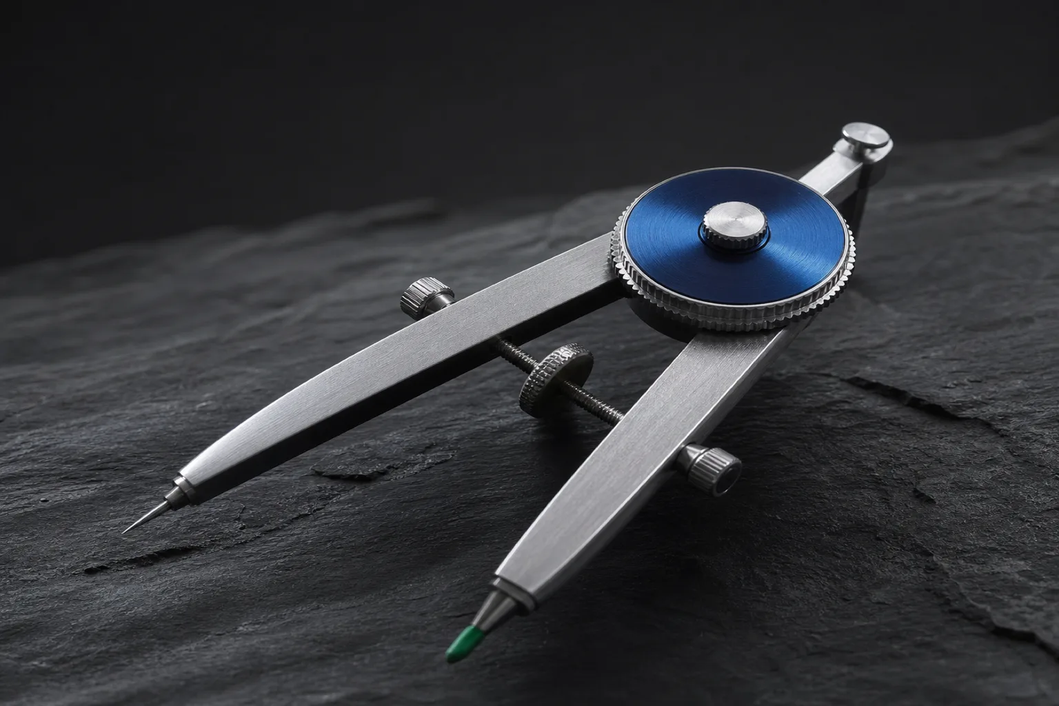 A precision drafting compass with a blue anodized dial and an emerald tip on dark slate