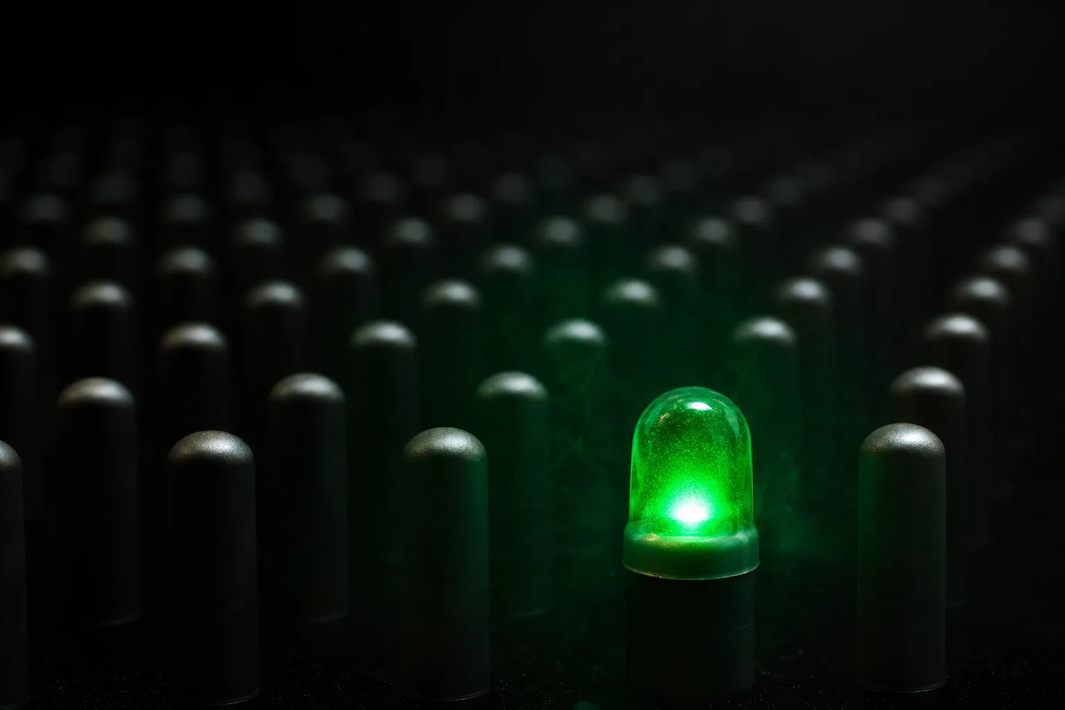 A field of identical dark metal markers with a single emerald lamp glowing near the center