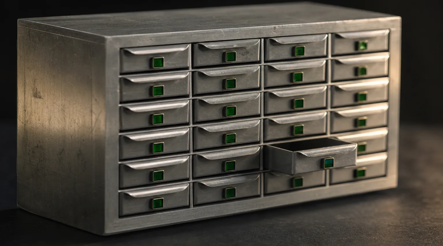 A machined aluminum index cabinet of small drawers with emerald labels, one drawer open