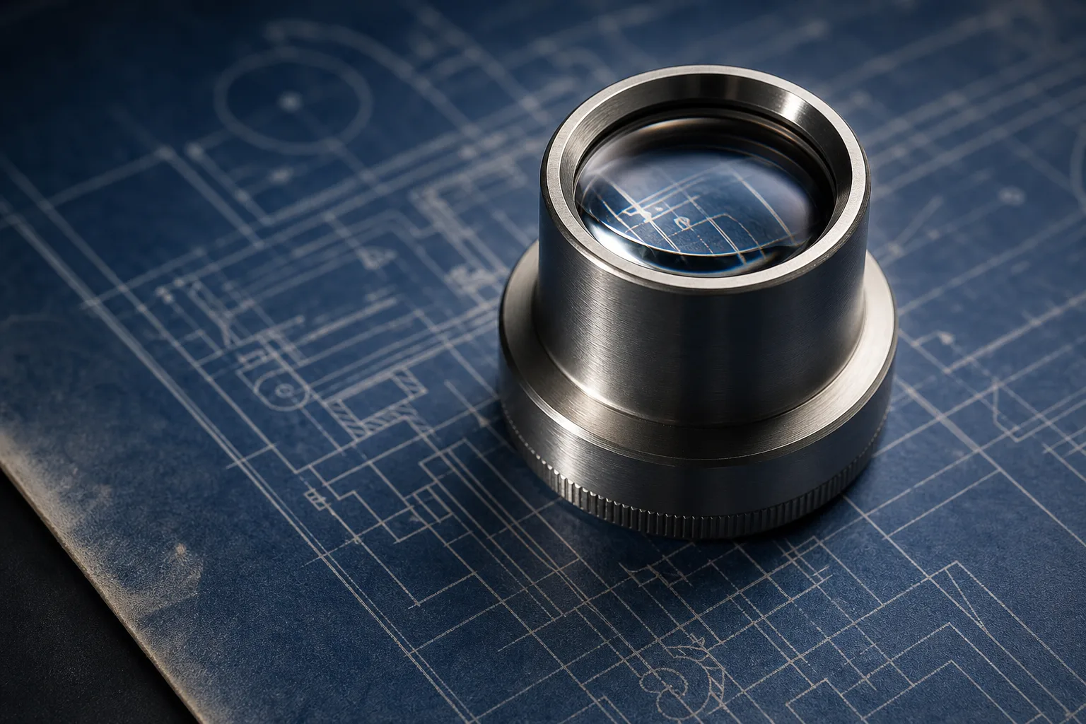 A machined steel loupe resting on deep blue blueprint paper with white linework