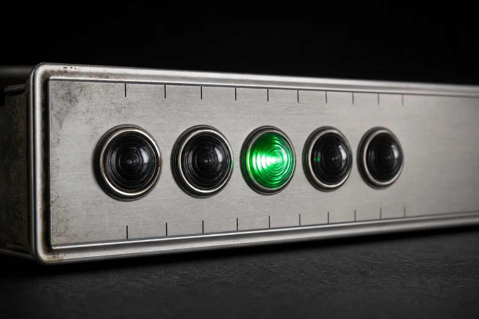 A brushed steel instrument bar with five round lenses, one glowing emerald