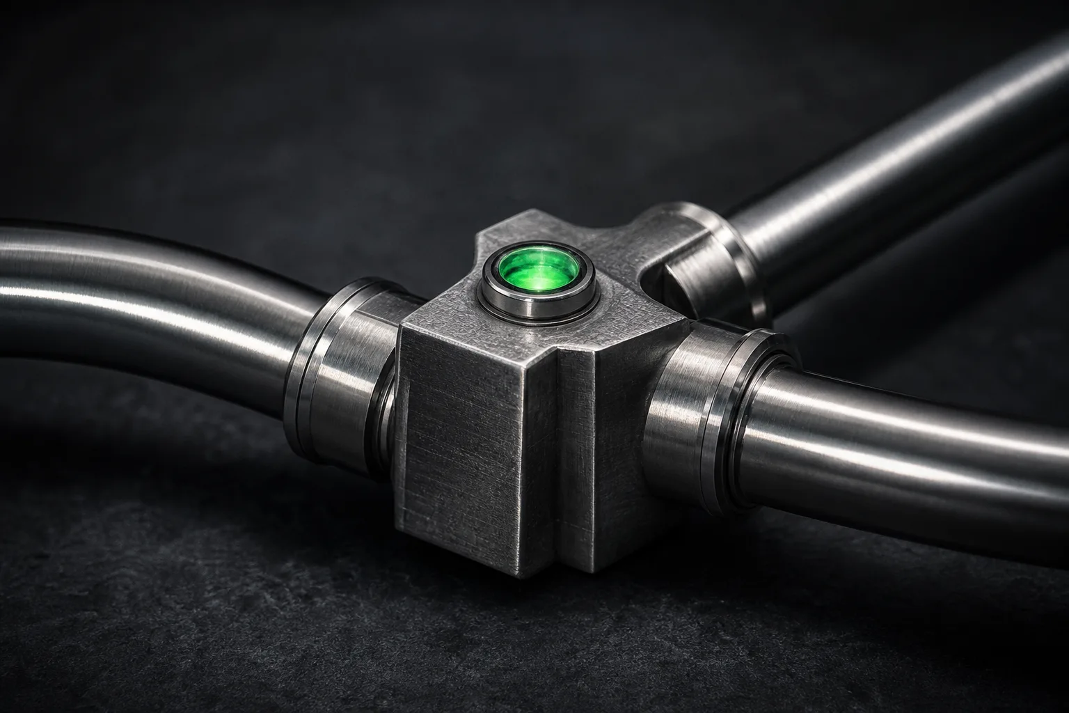 Two brushed steel pipes converging into one machined junction with an emerald indicator